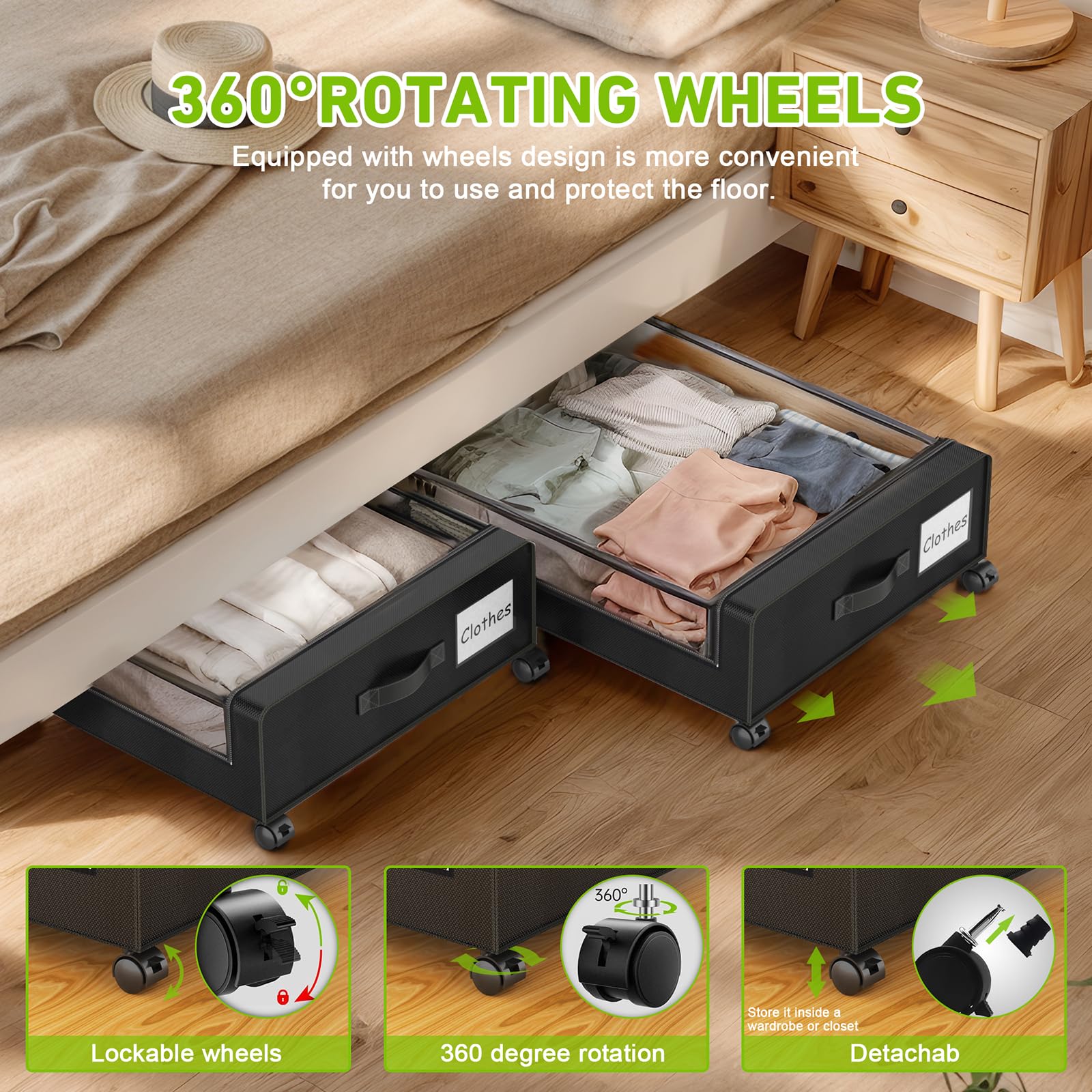 YAASHEEN Under Bed Storage with Wheels, 2-Pack Under the Bed Storage Containers with Clear Lids & Label, Underbed Storage Bins, XXL 60L Rolling Metal Drawer for Clothes, Shoes, Toys, Books - Black Dormly
