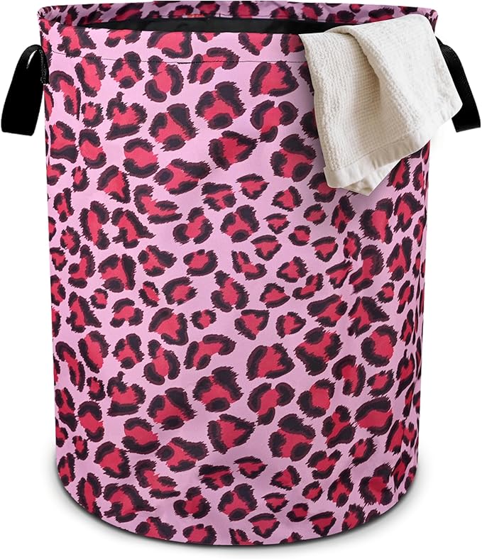 Pink Leopard Laundry Basket Foldable Oxford Cloth Tote Bag Laundry Hamper Clothes Storage Bucket Organizer For Bathroom/Laundry Storage/Bedroom 19.6x15.7 Inch
