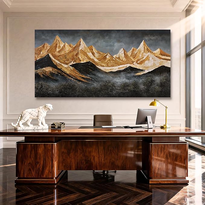 YETHEN WAL Golden Peaks Mountain Wall Art – Large Textured Landscape Canvas Print, Gold & Slate Mountain Scenery for Living Room or Bedroom, Horizontal 24×48 Inch