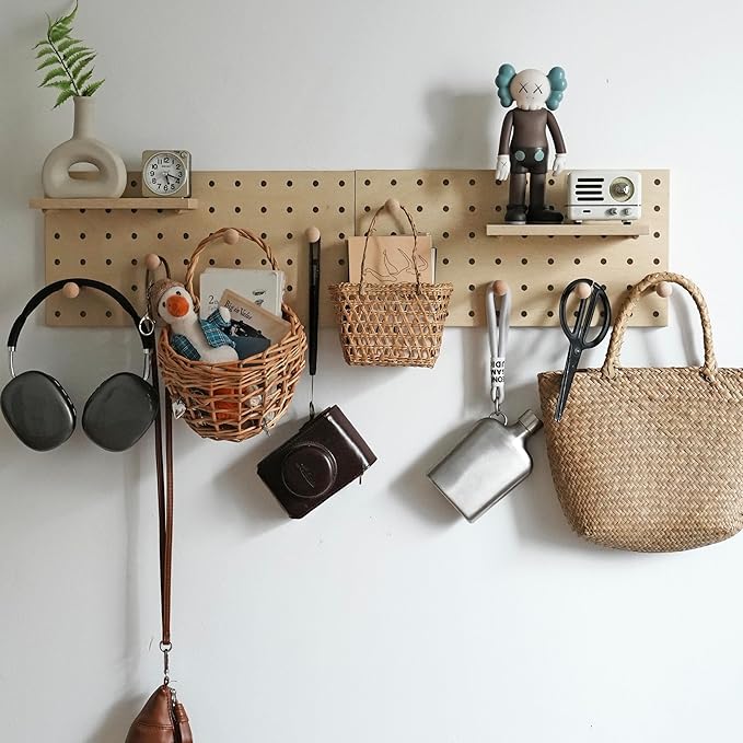 Wooden Pegboard Modular Display Organization Storage Wall Hooks Shelf (Birch Colored Finish-B)