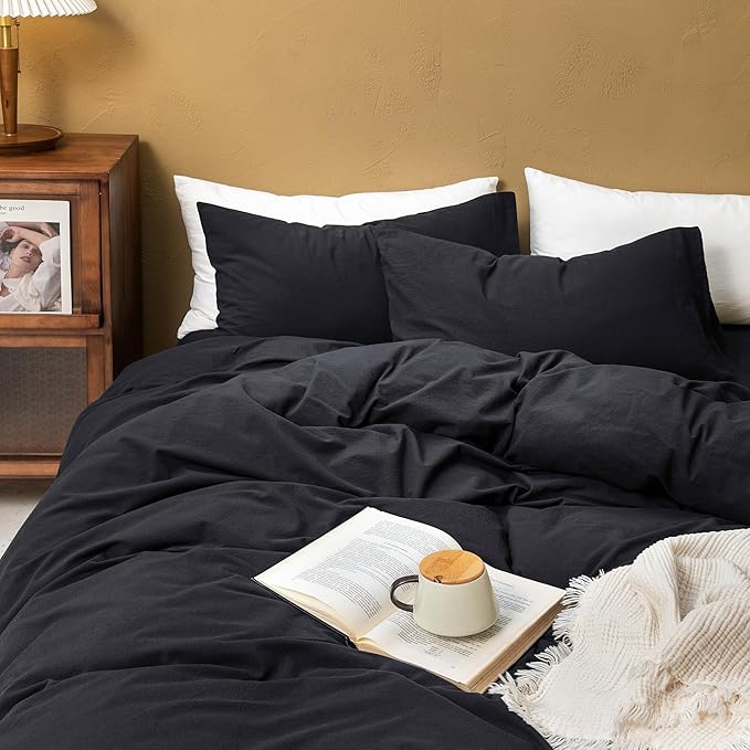 FOSSA Duvet Cover Set 100% Washed Cotton Linen Feel Super Soft Breathable Cozy 3 Pieces Bedding Sets Solid Black Super King