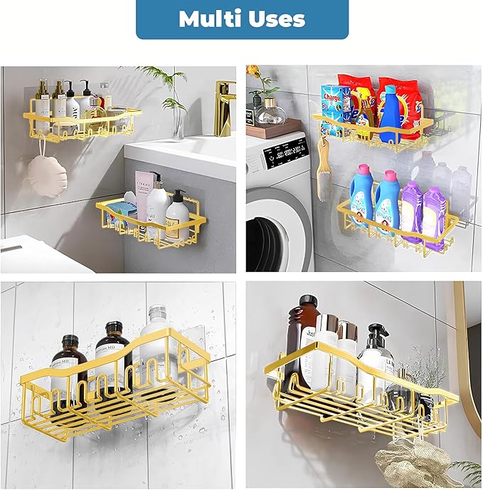 Fab Glass and Mirror 5-Pack Shower Caddy, Gold - Shower Organizer & Shelves for Efficient Storage, Bathroom Caddy for Wall Organizer, Durable Showers Wall Caddy