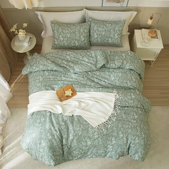 HighBuy 3 Piece Full Duvet Cover for Girl Green Botanical Floral Comforter Cover Full 100% Cotton Garden Chic Bedding Set with 2 Pillowcases All Season Cozy Floral Duvet Cover Set