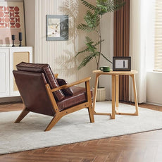 Karl home Accent Chair Wide Armrest Mid-Century Lounge Chair PU Leather Armchair with Lumbar Pillow & Solid Wood Frame for Living Room, Bedroom, Balcony, Red-Brown