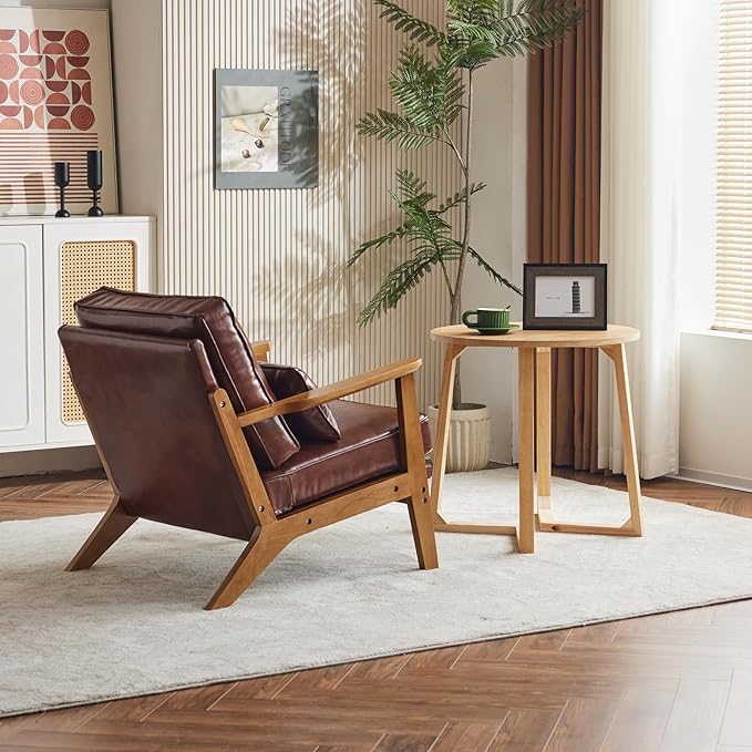 Karl home Accent Chair Wide Armrest Mid-Century Lounge Chair PU Leather Armchair with Lumbar Pillow & Solid Wood Frame for Living Room, Bedroom, Balcony, Red-Brown
