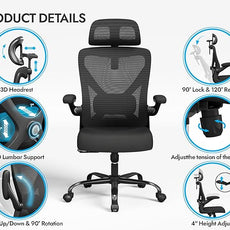 Ergonomic Office Chair - Mesh Desk Chair with Adjustable Lumbar Support High Back Computer Gaming Chairs - Big and Tall Office Chairs Adults, Comfortable for Long Hours, Black