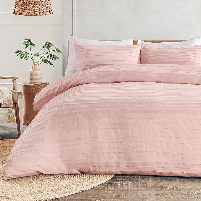 NEXHOME PRO Duvet Cover Queen Size, Pink 3 Pieces Boho Tufted Duvet Cover Set, Soft and Lightweight Microfiber Comforter Cover Set for All Season (Pink Queen, 90 x 90)-No Comforter
