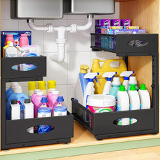 Under Sink Organizer, 2-Pack Pull Out Cabinet Organizer 2 Tier Metal Slide Out Storage Shelf Rack, L-Shaped Adjustable Height,Mesh Sliding Drawer for Kitchen, Bathroom, Laundry, Pantry, Black, XL