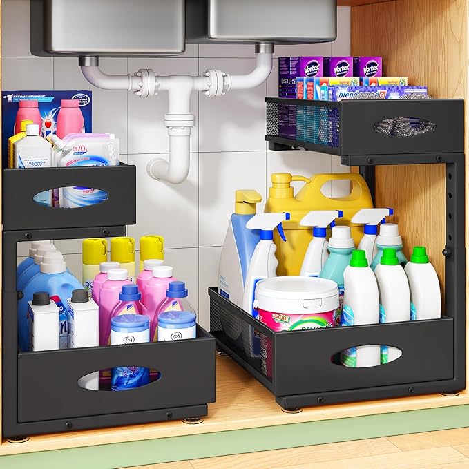 Under Sink Organizer, 1-Pack Pull Out Cabinet Organizer 2 Tier Metal Slide Out Storage Shelf Rack, L-Shaped Adjustable Height,Mesh Sliding Drawer for Kitchen, Bathroom, Laundry, Pantry, Black, XL