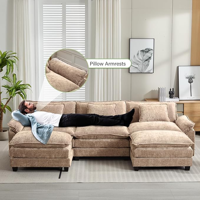 120" Modular Sectional Sofa, Comfy Cloud Couch Sectional Sofa with Ottoman, Chenille Sofa Sleeper Deep Seat Sofa with Throw Pillows for Living Room (Khaki, 120"- U Shape)