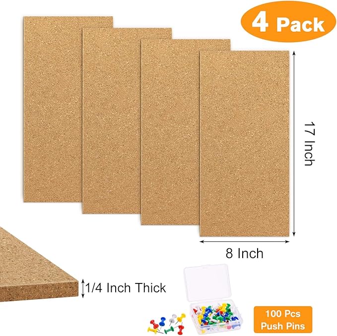 TUPARKA 4 Pack Cork Board Bulletin Boards 17"x8" - 1/4" Self-Adhesive Corkboards for Wall with 100 Push Pins, Square Cork Tiles for Home, School, Office Decorative