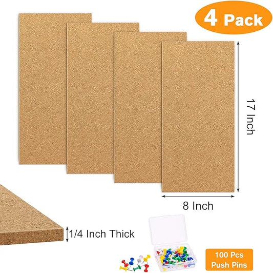 TUPARKA 4 Pack Cork Board Bulletin Boards 17"x8" - 1/4" Self-Adhesive Corkboards for Wall with 100 Push Pins, Square Cork Tiles for Home, School, Office Decorative
