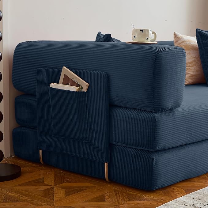 78.8" Convertible Sofa Bed -Compression Sofa with Corduroy Fabric - with Armrests and Backrest - Modular Sectional for Living Room, Bedroom, Studio - Compression Sofa in Box (Dark Blue)