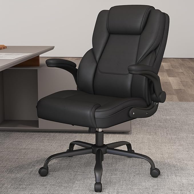 ZZH Ergonomic Executive Office Chair, Mid Back PU Leather Computer Desk Chair with Flip-Up Armrests, Lumbar Support, Adjustable Height and Rocking Function, 1PC, Black