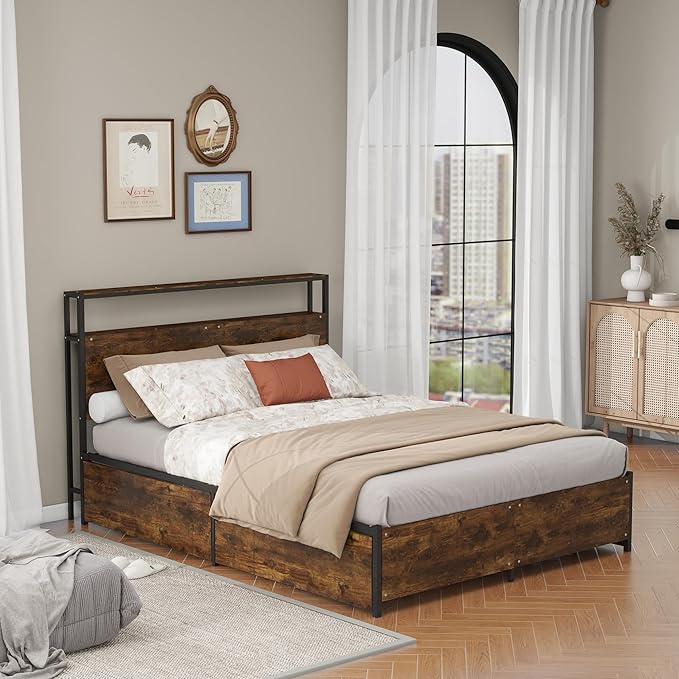 Panana 14 Inch Queen Size Bed Frame,Industrial Metal Platform Bed Frame with 2 Tier Storage Wooden Headboard and Footboard,4 Storage Drawers,No Box Spring Needed,Black&Brown