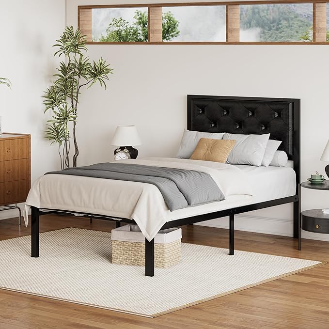 SHA CERLIN Twin Size Metal Platform Bed Frame, PU Leather Upholstered Button Tufted Headboard, Mattress Foundation with 12.4” Under-Bed Storage, Noise-Free, Easy Assembly, No Box Spring Needed, Black