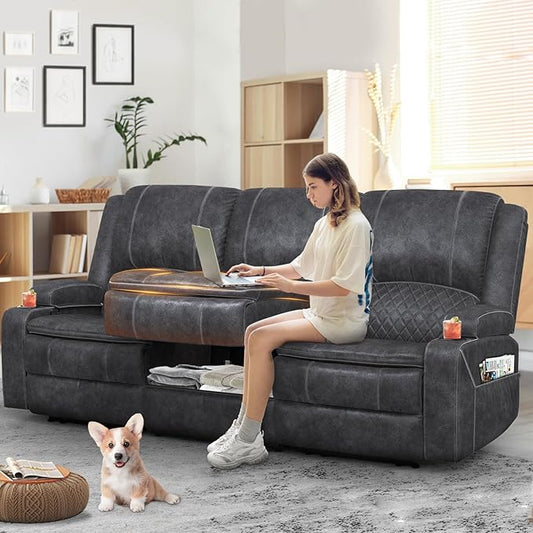 3-Seater Recliner Sofa, Manual Reclining Couch with Multi-Functional Middle Seat, Reclining Sofa for Living Room with Hidden Storage Space, Cup Holders, and Removable Console - Velvet Grey