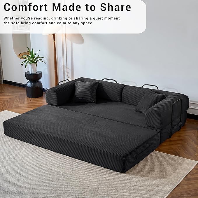 Compressed Sofa, Convertible Sofa Bed, Corduroy Compression Boneless Couch with Pillow, Comfy Modular Foldable Floor Sleeper Sofa for Bedroom, Living Room, Lounge, Studio (Black)