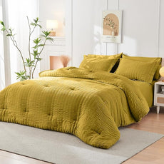 HYMOKEGE Mustard Yellow Twin Comforter Set Seersucker 5 Pieces, All Season Luxury Bed in a Bag for Bedroom, Bedding Set with Comforter, Sheets, Pillowcase & Sham