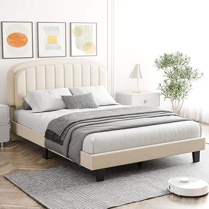 Cozy Castle Queen Bed Frame, Upholstered Platform Bed with Velvet Adjustable Curved Headboard, Mattress Foundation with Strong Wooden Slats, No Box Spring Needed, Easy Assembly, Cream