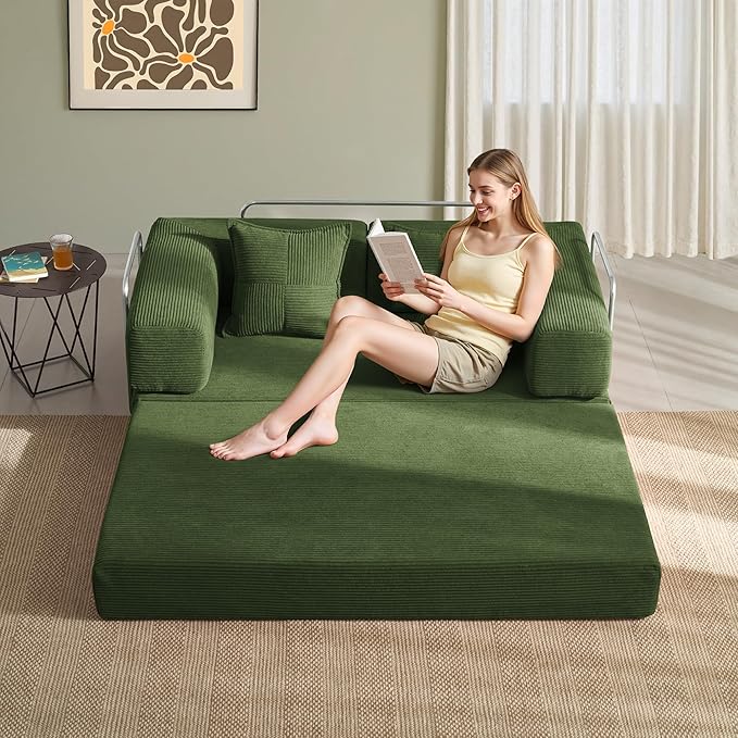 YINIX Foldable Sofa Bed, 62'' Folding Floor Couch, Compressed Convertable Sleeper Sofa, Memory Foam Couch with Pillow Back Support Armrest, 4-in-1 Futon Sofa Bed for Living Room, Green