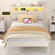 Elephance Twin Bed Frames with Charging Station and LED Lights, Metal Bed Frame with 2-Tier Storage Headboard, No Box Spring Needed, Noise Free, Easy Assembly,Beige