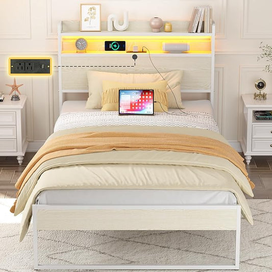 Elephance Twin Bed Frames with Charging Station and LED Lights, Metal Bed Frame with 2-Tier Storage Headboard, No Box Spring Needed, Noise Free, Easy Assembly,Beige