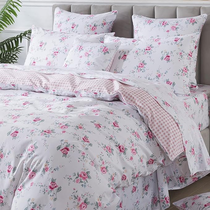 FADFAY Rose Duvet Cover Set Twin Pink Floral Bedding Vintage Botanical Flower Quilt Cover Set Rustic Farmhouse Bedding 100% Cotton Soft Comforter Cover with Hidden Zipper Closure 3Pcs, Twin Size