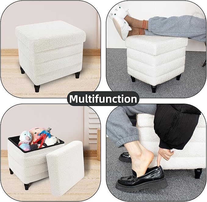 CAROLMADE Folding Storage Ottoman Cube Sherpa Footstool with Wood Legs Ottoman Footrest for Living Room and Bedroom, White 15"x12.6"x15.4"