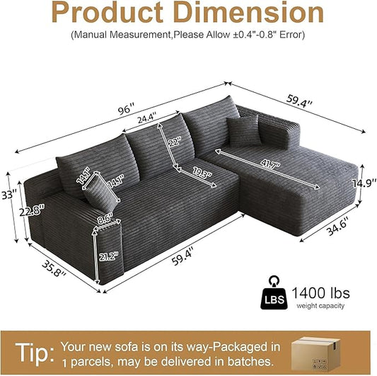 96" Sectional Couches for Living Room Modern Modular Sofa with L-Shape Couchs Upholstered Boneless Couch Deep Seat Sectional Couch with Chaise (Dark Grey, 96" Right Facing Chaise+2Seaters)