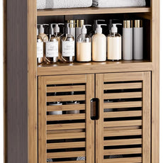 HITNET Walnut Bathroom Floor Cabinet, Bamboo Side Tall Storage Organizer, Freestanding Kitchen Cupboard with Door and Removable Shelf