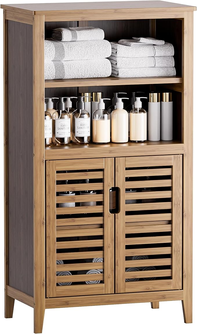 HITNET Walnut Bathroom Floor Cabinet, Bamboo Side Tall Storage Organizer, Freestanding Kitchen Cupboard with Door and Removable Shelf