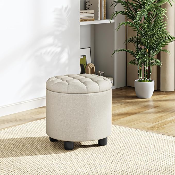 Furniliving Modern Round Storage Ottoman,Button Tufted Ottoman Foot Stools Ottoman Footstool with Removable Lid Storage Ottoman for Living Room, Bedroom, Makeup Room，Beige