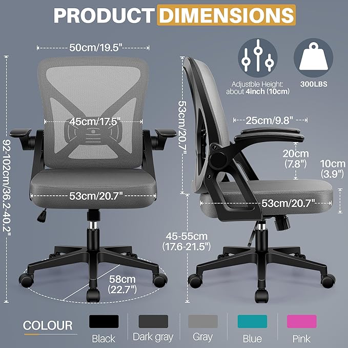 FelixKing Office Chair - Ergonomic Desk Chair Breathable Mesh Task with Wheels and Lumbar Support Home Desk Office Chairs with Flip up Armrest Rolling Swivel for Home Computer Dark Gray