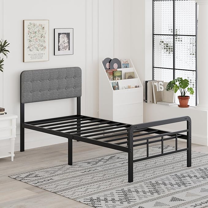 Twin Bed Frames with Upholstered Headboard and Metal Footboard 14 Inch, Twin Platform Bed Frame with Strong Metal Slats Support, Under-Bed Storage, Noise Free, Easy Assembly