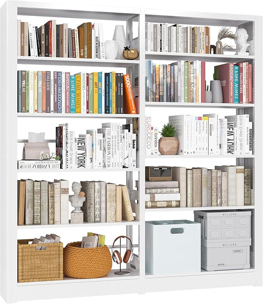 5 Tier Metal Bookshelf, 69" Tall Bookcase with Adjustable Storage Shelves, Heavy Duty Metal Book Shelf Organizer for Living Room, Office, Library, Including Book Stoppers (White, Set of 2)