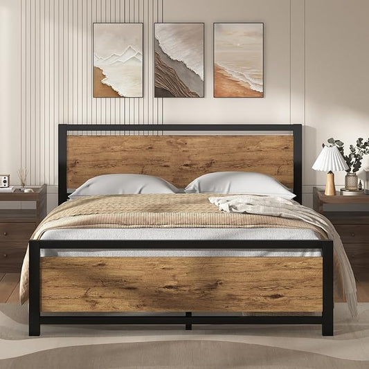 Queen Bed Frame with Headboard, Industrial Style Bed Frame Queen Size, Queen Size Bed Frame with Wooden Footboard, No Box Spring Needed, Noise-Free, Easy Assembly, Black Brown