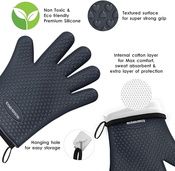 KITCHEN PERFECTION XL Silicone Smoker Oven Gloves-Extreme Heat Resistant BBQ Gloves-Handle Hot Food Right on Your Grill Fryer&Pit|Waterproof Grilling Cooking Baking Mitts|Superior Value Set+3 Bonuses