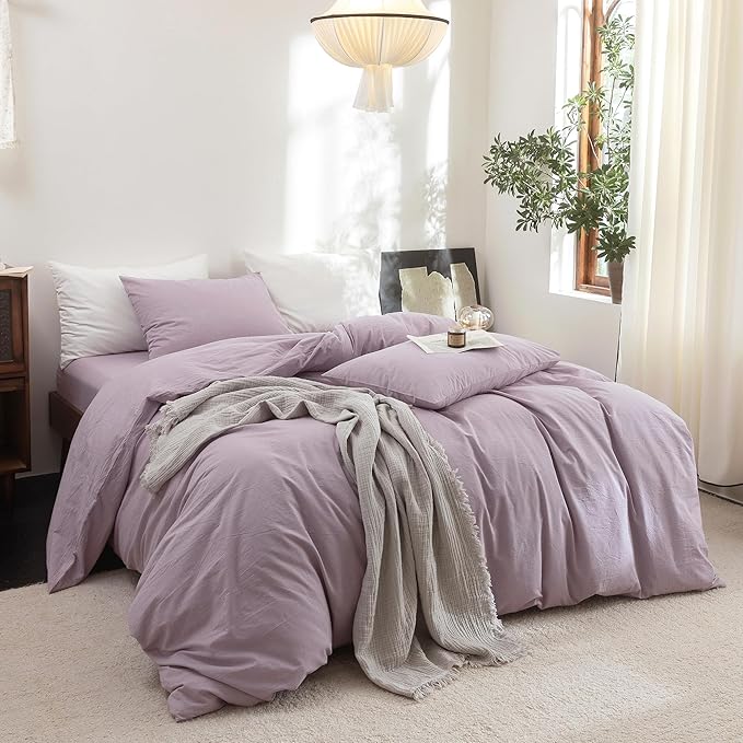 FOSSA Duvet Cover Set 100% Washed Cotton Linen Feel Super Soft Breathable Cozy 3 Pieces Bedding Sets Solid Light Purple King
