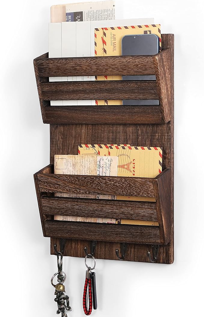 MOOACE Mail Organizer Wall Mount with Key Hooks, 2-Slot Wood Mail and Key Holder, Wall File Organizer Office Letter Folder Accessories Organizer Home Farmhouse Decor