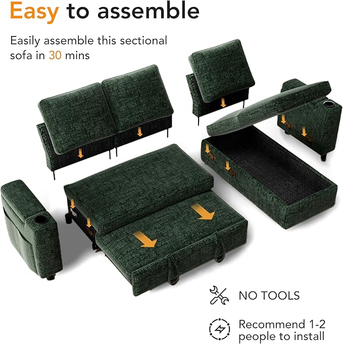 Sunny Heart L-Shaped Sleeper Sofa with Pull Out Bed, 82" Sectional Couch with Reclining Backrest, Reversible Storage Chaise, Armrest Storage, Cup Holders, Side Pockets, Tool-Free Assembly, Green