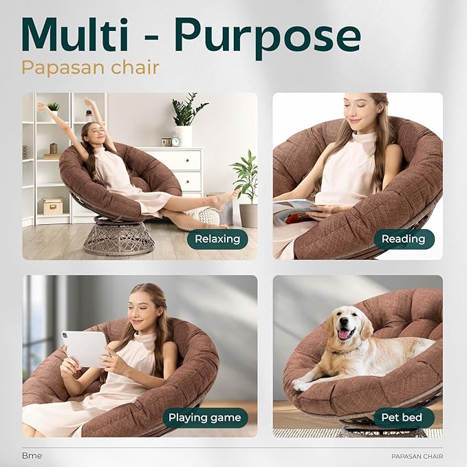 Bme 40" Ergonomic Wicker Papasan Chair with Soft Thick Density Fabric Cushion, High Capacity Steel Frame, 360 Degree Swivel for Living, Bedroom, Reading Room, Lounge, Cinnamon Mocha - Brown Base