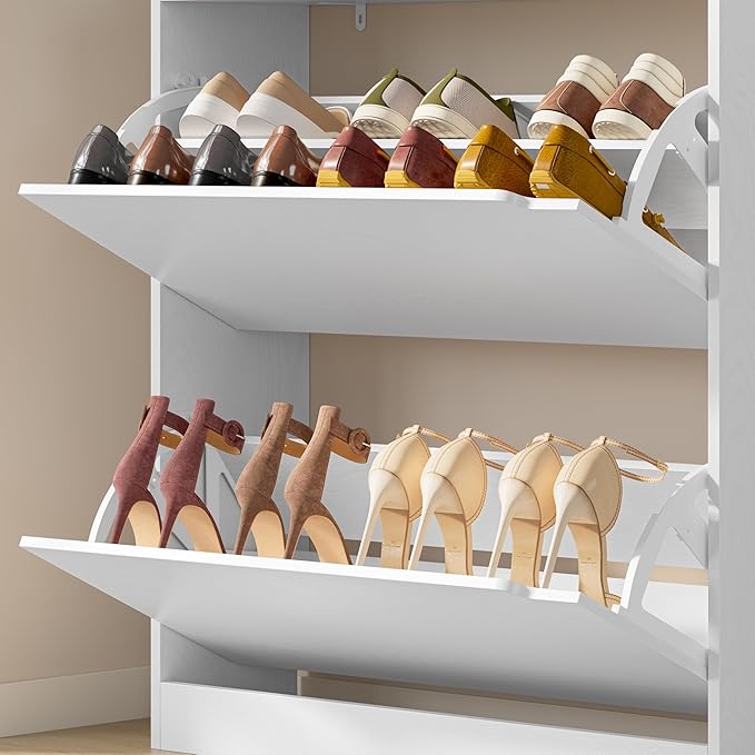 Shoe Cabinet with 2 Flip Drawers, Slim Narrow Shoe Storage Cabinet, Freestanding Shoe Organizer with Adjustable & Removable Shelves, Top Display Shelf for Entryway, Hallway, Foyer, Closet