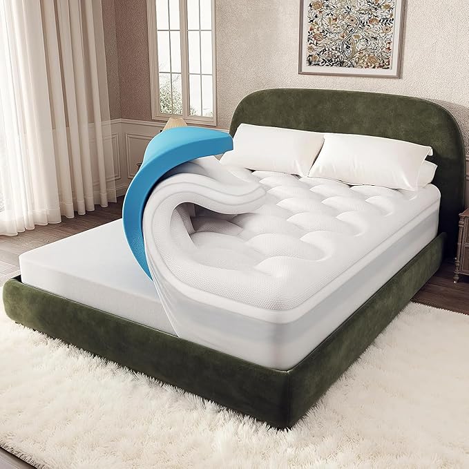 OhGeni Cooling 4 lnch Queen Size Dual Layer Mattress Topper, 2 Inch Gel Memory Foam, 2 Inch Soft Pillow Top Pad, Guest Bedroom Essentials Mattresses Cover, Extra Comfortable Sleep and Back Pain Relief