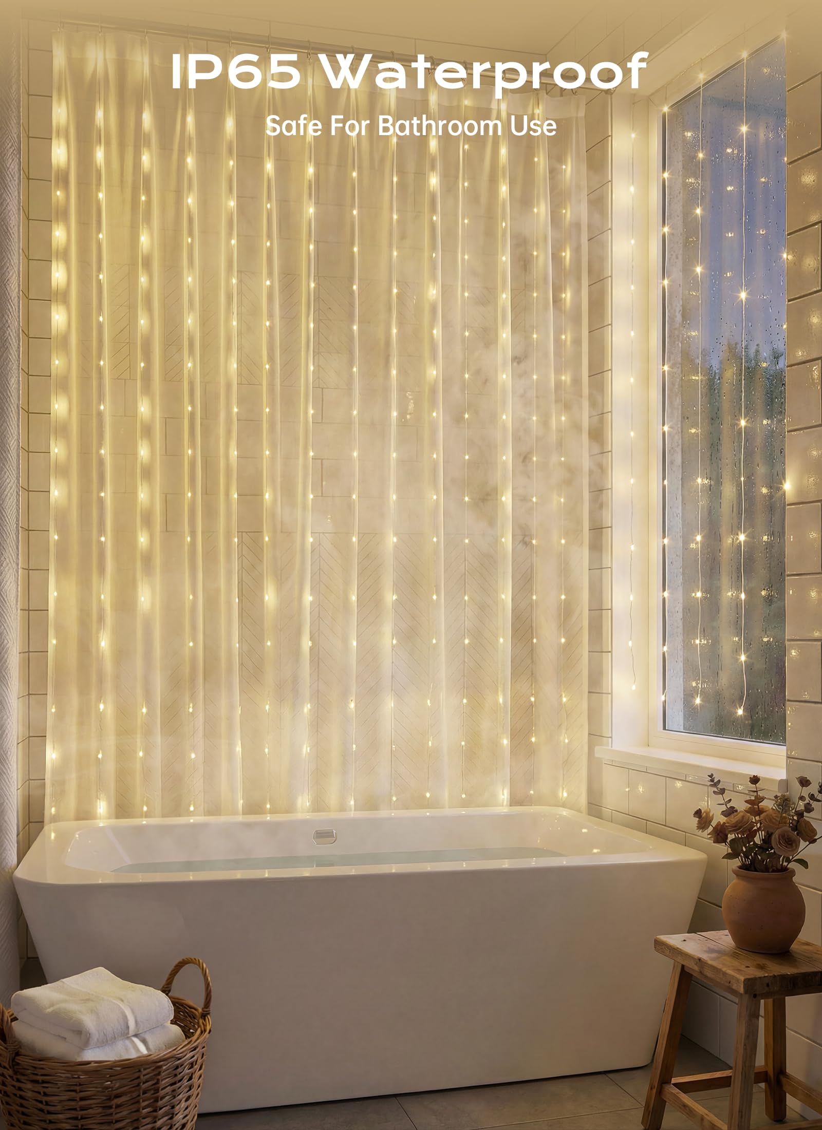Brightown 300 LED Fairy Curtain Lights, 9.8ft x 9.8ft Warm White Curtain String Lights, USB Plug in 8 Lighting Modes Christmas Decoration, Hanging Lights with Remote for Bedroom Indoor Weddings Dorm