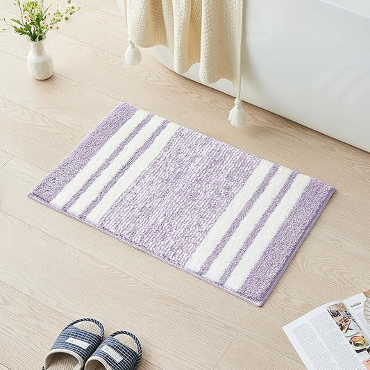 CozeCube Bath mats for Bathroom Non Slip, Fluffy Absorbent Microfiber Bath mat Washable, Aesthetic Bathroom Rugs, Small Purple Striped Bath mat, Lavender, 24" x 16"