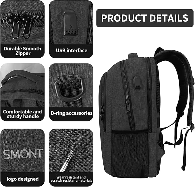 SMONT 17 Inch Large Laptop Backpack for Men, Mens Business Bookbag for Computer Office Tech Commuter Work with USB Charging Port Anti Theft Water Resistant Dark Grey