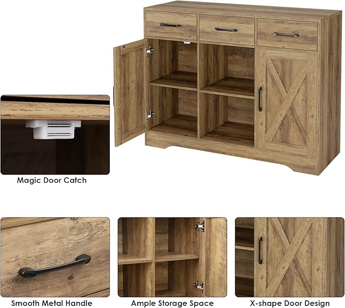 HOSTACK Wood Modern Farmhouse Buffet Storage Cabinet Barn Doors Sideboard with Storage, Drawers and Shelves for Coffee Bar, Kitchen, Dining Room, Living Room, Rustic Brown
