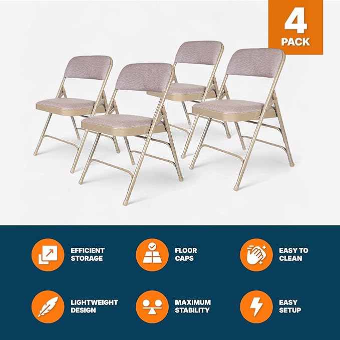 OEF Furnishings OEF2300 Series Heavy-Duty Premium Fabric Padded Upholstery Double-Hinged Triple-Braced Folding Chairs (4-Pack, French Beige)