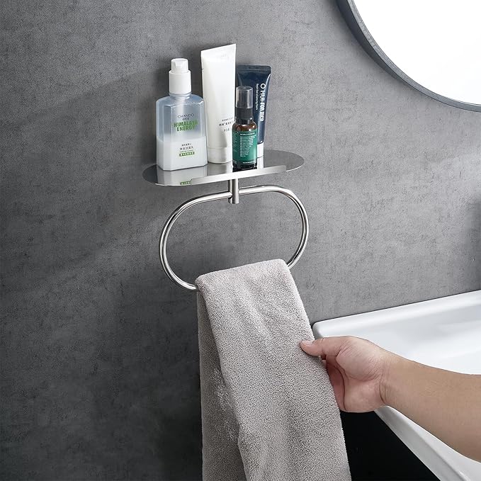 Towel Ring with Shelf Steel Self, Stainless Steel Bath Towel Rings, Self Adhesive Hand Towel Ring for Bathroom, Wall Mounted Towel Hanger for Bathroom Kitchen (Chrome)